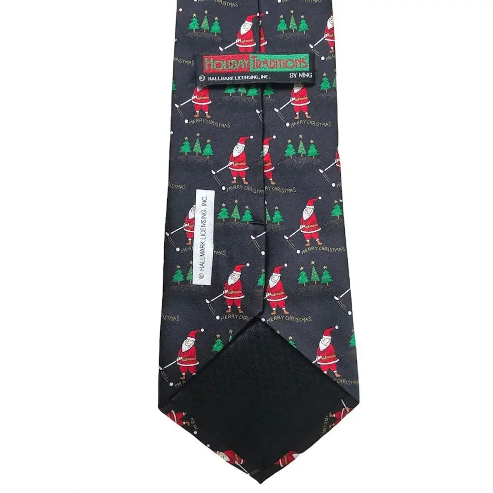 Hallmark Holiday Traditions Christmas Santa Golfing Golf Tie Black